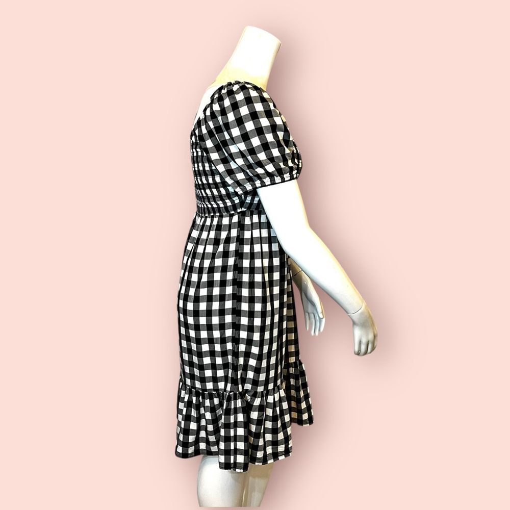 Place Gingham Shirred Ruffle Dress, L, Black White - Picture 8 of 15